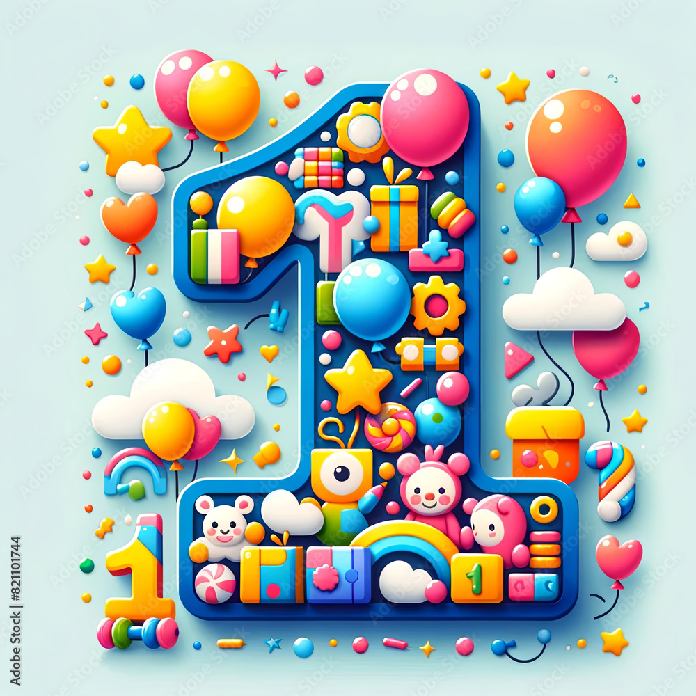 Number 1 filled with colorful balloons, toys, and festive elements ...