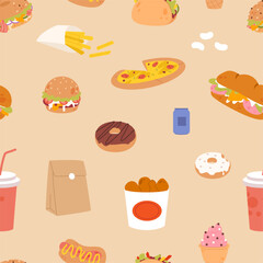 Poster - Tasty burger, pizza, donuts and drinks seamless pattern. Fast food print design for wrapping or fabric. Cafe delivery, restaurant, kitchen vector background