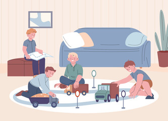 Wall Mural - Children play together in room. Boys logistic game. Happy cartoon little kids playing with cars at home. Childhood and friendship, vector fun scene