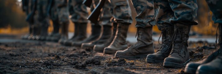 Wall Mural - A row of soldiers in camouflage uniforms standing at ease with focus on their combat boots