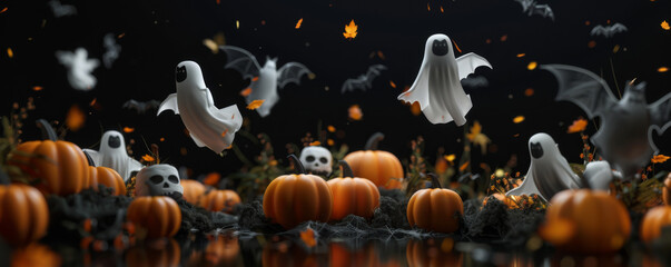 Wall Mural - Spooky Halloween scene with flying ghosts, pumpkins, bats, and eerie decorations against a dark background.