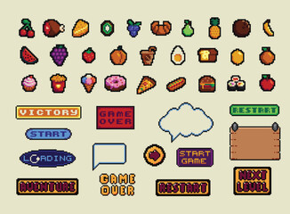 Fototapete - Pixel art frames. Retro 8 bit buttons, arrows, speech bubble messages, food and quote frame. Game UI vector template set of pixel game frame, 8 bit message illustration