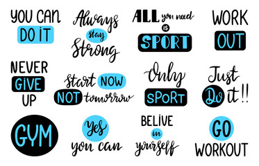 Sport lettering phrases. Motivational typography elements, handwritten ink designs for print or card decor. Sporty positive quotes, neoteric vector set