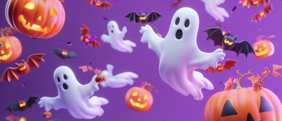 Wall Mural - Spooky Halloween scene with flying ghosts, glowing pumpkins, and bats against a vibrant purple background, creating a festive and eerie atmosphere.