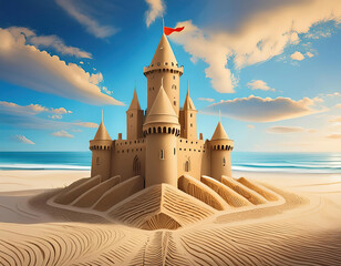 A dreamlike sand castle on the sea shore against blue sky with puffy clouds