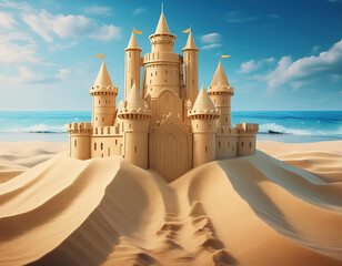 A dreamlike sand castle on the sea shore against blue sky with puffy clouds