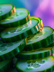 Wall Mural - Stacked sliced cucumbers with a colorful background