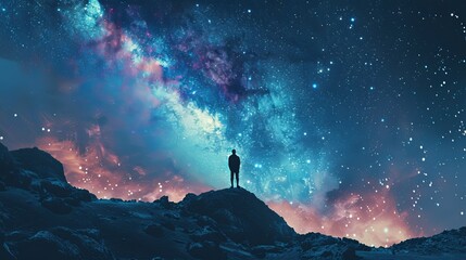 Starry night adventure: Silhouette of man in cosmic landscape, embracing cosmos; Lone traveler amidst Milky Way, hiking to infinity standing on mountain under sky