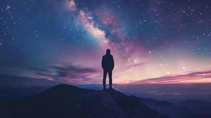 Starry night adventure: Silhouette of man in cosmic landscape, embracing cosmos. Lone traveler amidst Milky Way, hiking to infinity standing on mountain under sky