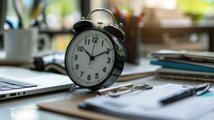 Aufkleber - An alarm clock rests on a desk next to a laptop, suggesting a work or study environment.