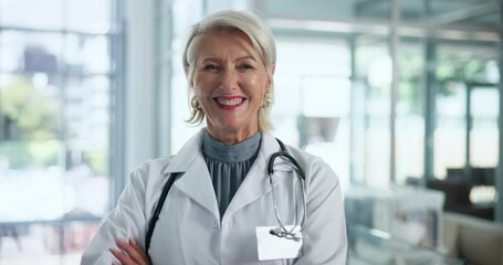 Poster - Mature, woman and doctor or face with arms crossed for healthcare or cardiology, stethoscope or professional. Female person, portrait and smile in hospital with life insurance, confidence or pride