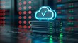 © Tackey - Cloud storage technology concept featuring a data server rack with a glowing cloud icon in a modern data center. High-security assurance.