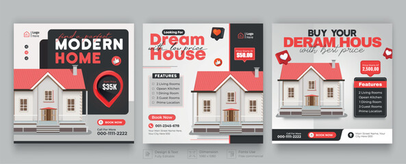 Real estate social media post banner template. Modern Social Media banner template. Set of editable real estate house sale and home rent advertising geometric modern square banner.