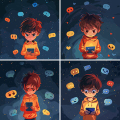 Poster - Cyberbullying cartoon vector concepts. Kid holding phone messages speech bubbles threats bullying insults gloomy sad angry bad influence social media child character, bright color illustration