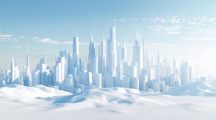 Poster - White futuristic city with a sun-filled sky. 3D illustration