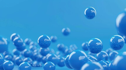 Poster - Falling blue balls on blue background. 3D render illustration for advertising.