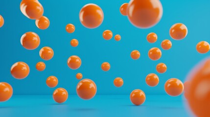 Wall Mural - An illustration in 3D with orange balls falling in a blue background for advertising.