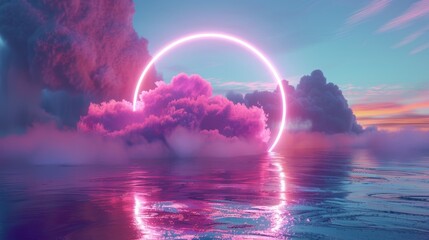 Poster - Render of a 3D abstract background. Pink cloud levitates within a bright, glowing ring. Minimal futuristic seascape.