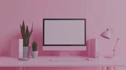 Poster - an example of a 3d minimat desktop with an empty screen mockup for text and logo replacement, with a