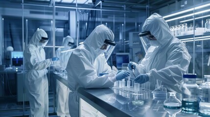 Poster - chemist adjusts samples in a petri dish with pincers and examines them under the microscope in a sec