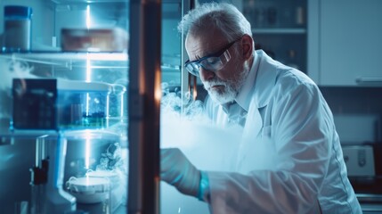 Poster - He works in a busy modern laboratory center where smoke is coming out of a refrigerator box.