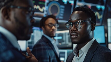 Poster - Multi-ethnic team of broker and dealer inspects each other's work and converses and displays show numbers and infographics.