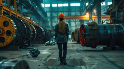 Poster - Female industrial worker in hardhat walks through heavy industry manufacturing factory. Metalwork project parts are lying in the background.