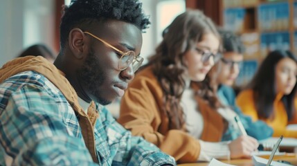 Poster - multi-ethnic students taking exams, tests, and writing in notebooks in the classroom. a row of brigh