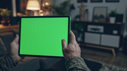 Poster - Photograph of a man using hand gestures on a green mock-up screen digital tablet while sitting at his desk in portrait mode. The background is a cozy living room.