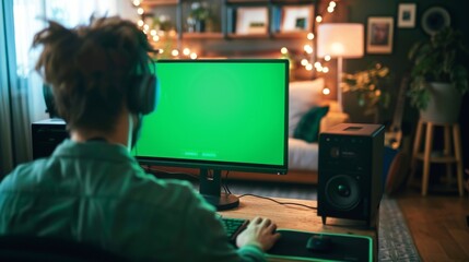 Poster - View of a Freelancer working on a green mockup screen on a computer at home. Close-up of the POV screen. A cozy living room is seen in the background.