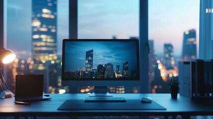 Poster - An office desk features a personal computer standing on it with future computing plans displayed on the monitor. This is a modern and stylish room with a view of the Big City Business District.