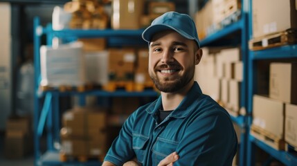 Poster - Animated portrait of a smiling uniformed employee. In the background, cardboard boxes are ready for shipping in a shelf.