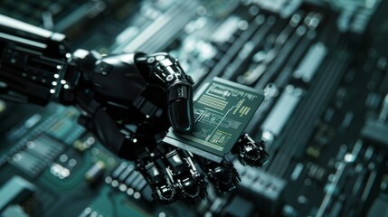 Poster - The concept of a robotic arm holding a new generation futuristic processor ready for serial production is illustrated in 3D, using dark black colors.