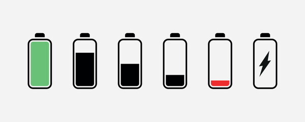 Poster - Battery icon set. High quality colorful style vector icons. Green 100% 75%, orange 50%, red 25% 0, batteries. Batery charge indicator. Technology concept. Vector line icon for Business and Advertising