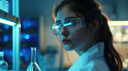 Poster - the portrait shows a female research scientist working in a modern pharmaceutical laboratory while w
