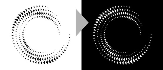 Fototapete - Spiral dotted background with triangles. Design element or icon. Black shape on a white background and the same white shape on the black side.
