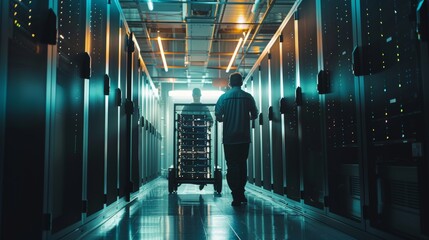 Sticker - Modern Data Center: Engineers and IT professionals working on a pushcart to install new hardware. Database specialists performing maintenance and diagnostics.