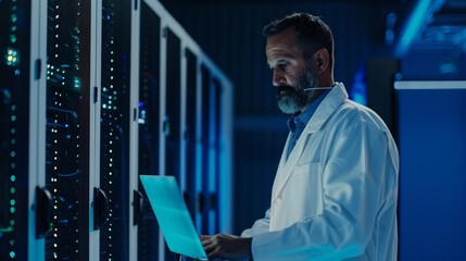 Male IT specialist wearing white coat stands by server rack using laptop computer to run maintenance diagnostic tools and control database to ensure optimal performance.