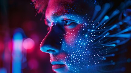 Poster - The image shows a young man being identified through a facial recognition scanning process from his smartphone. This is a futuristic concept where the projector illuminates the face with dots and