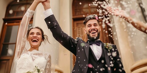 Poster - Newlyweds joyously exiting the building, celebrating with confetti thrown by guests