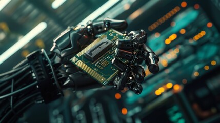 Poster - The industrial robotic manipulator end effector is holding the CPU chip of a modern high tech robotic arm. A contemporary supercomputer processor is holding this industrial robotic arm.