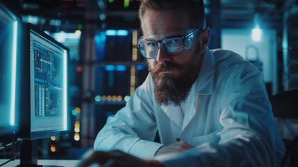 Poster - Portrait of a smart and handsome engineer working with a desktop computer in an industrial engineering facility.