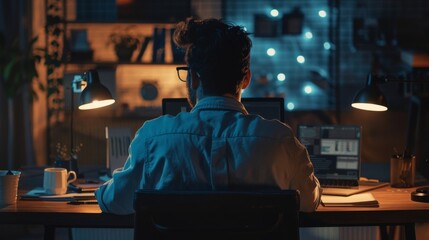 Poster - in the evening, a male professional designer sits at his desk working on his laptop. he analyses sta