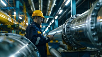 Poster - Engineer in Pipe Manufacturing Factory Using Digital Tablet Computer. Construction Facility for Oil, Gas, and Fuel Pipeline Transportation Products.