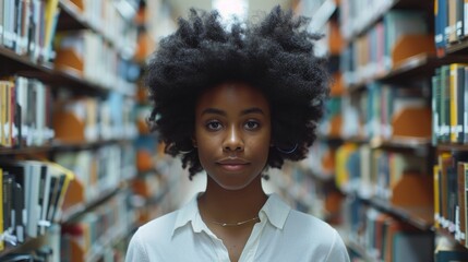 Poster - Stunning portrait of a gifted, beautiful black girl standing among rows of bookshelves, searching for the right book title, discovering, and selecting one to be used in class.