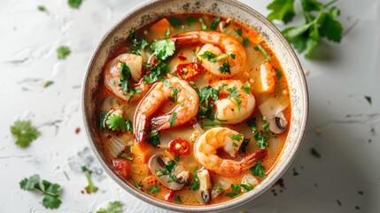 Wall Mural - Vibrant Tom Yum Soup Bowl with Shrimp, Mushrooms, and Herbs on White Background with Bright Light