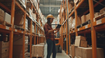 Poster - In warehouse, female manager wearing hardhat at forklift uses tablet to check inventory, checking inside cardboard box. Distribution, Delivery Center, shelves with packages.