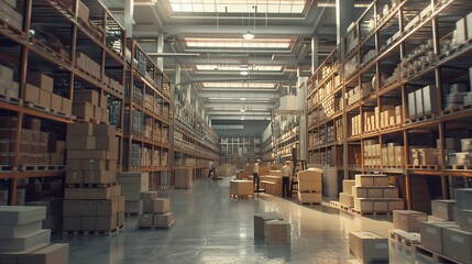 Poster - There are shelves in a warehouse full of packaged goods, workers scan and sort packages, and forklifts move inventory. A product distribution logistics center is in the distance.