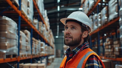 Poster - In the background, a big warehouse with shelves full of delivery goods is depicted with a charmingly smiling professional wearing safety vest and hard hat. Medium Portrait.