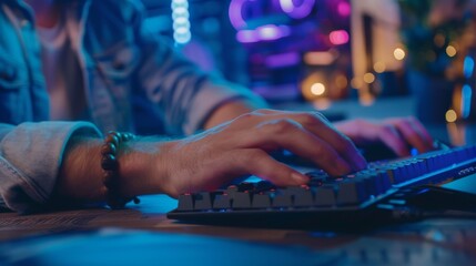 Poster - Male hands close up on a desktop computer in a busy creative office environment. Manager types on a keyboard then uses a mouse. He is wearing a bracelet made of wood.